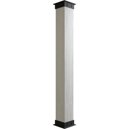 Sand Blasted Faux Wood Non-Tapered Square Column Wrap W/ Faux Iron Capital & Base, 6W X 8'H